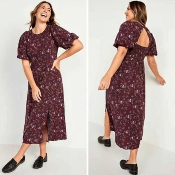 Old Navy | Short Puff Sleeve Plum Burgundy Floral Midi Dress  | Size 3X - Picture 2 of 16
